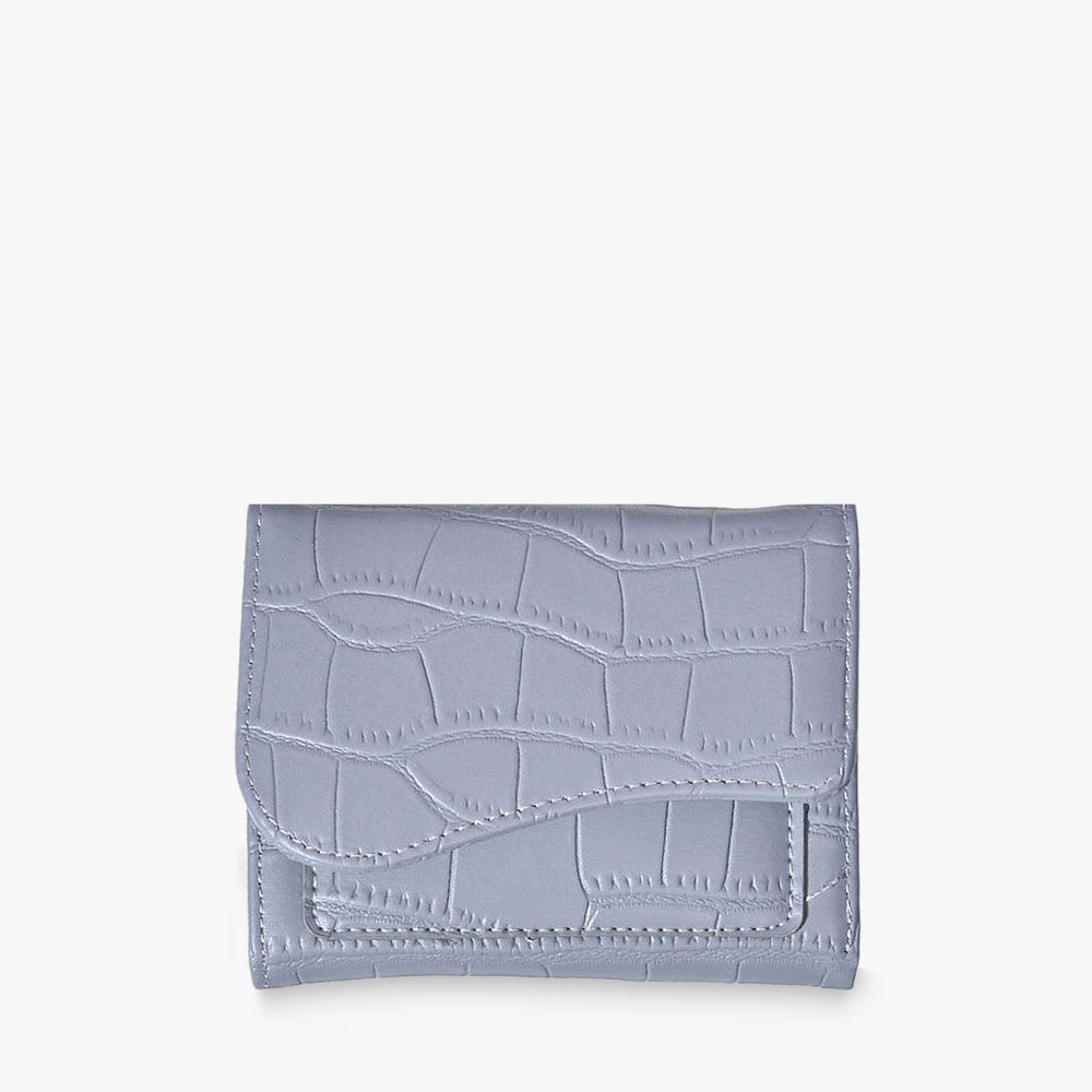 Alba croc-embossed vegan leather trifold wallet with curved flap in Blue Gray