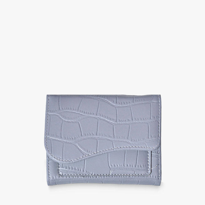 Alba croc-embossed vegan leather trifold wallet with curved flap in Blue Gray