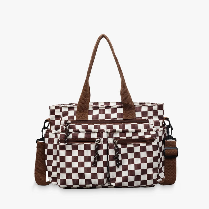 Kanna checkered corduroy shoulder bag with front zip pockets in Brown