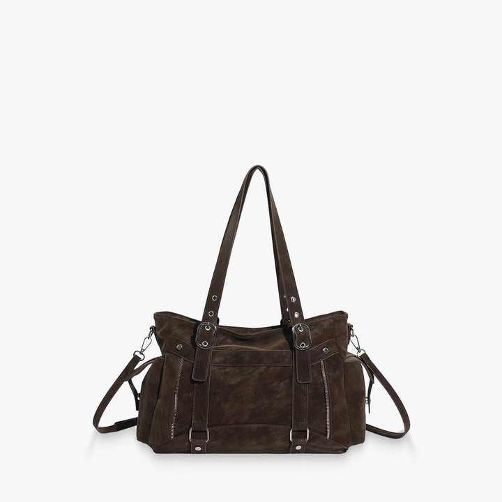 Margo vegan leather shoulder bag with silver buckle straps in Brown