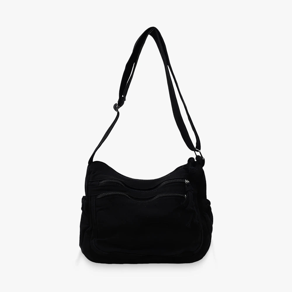 Rina washed canvas crossbody bag with front zip pockets in Black